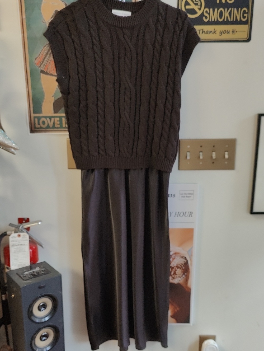Rebecca Minkoff Brown Cable-Knit Top & Satin Maxi Dress